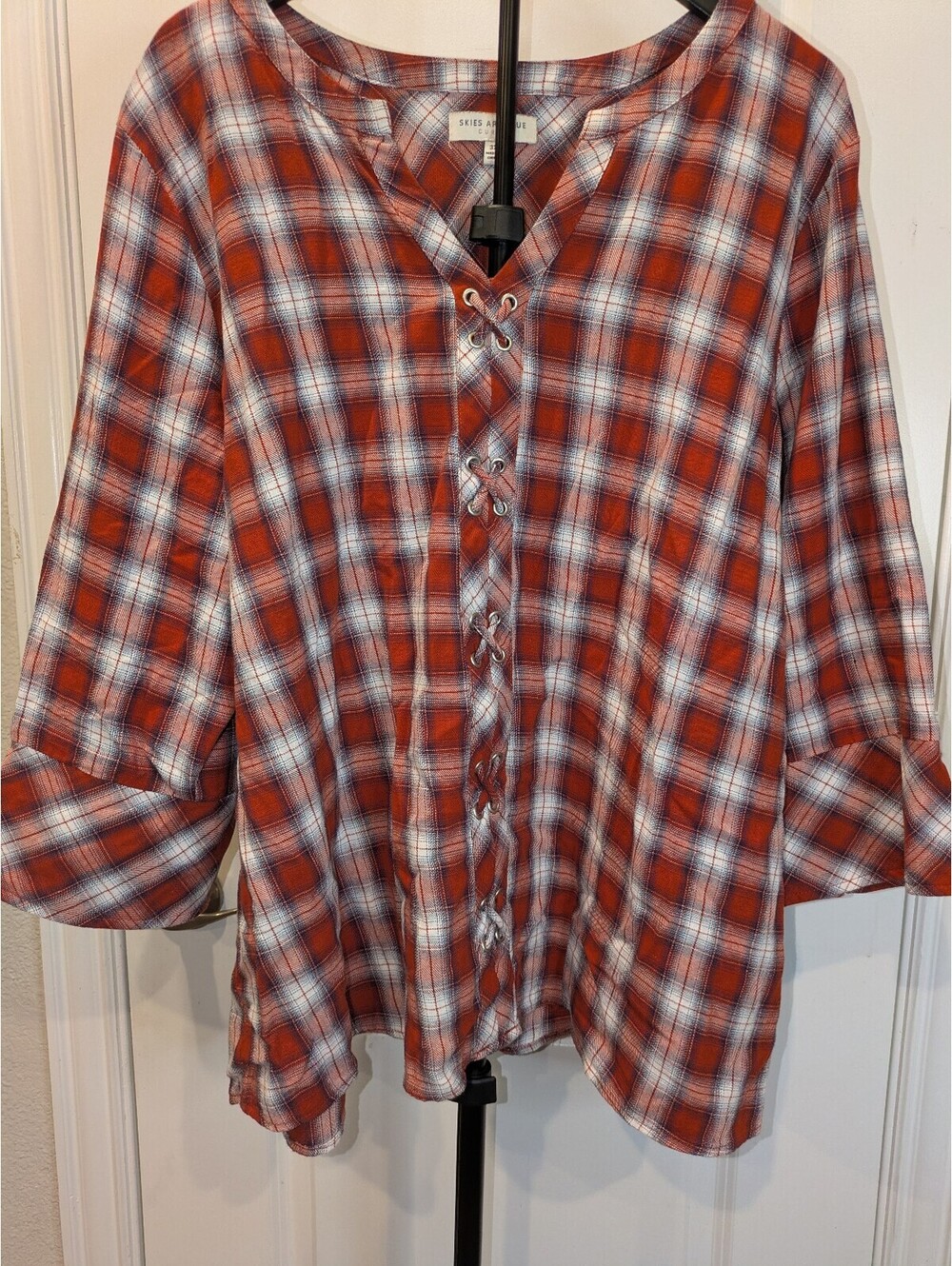 Skies Are Blue Curvy 3X Londyn Red Plaid Lace Up Boho Blouse